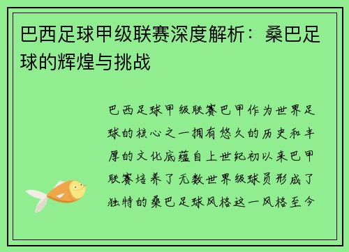 巴西足球甲级联赛深度解析:桑巴足球的辉煌与挑战 巴西足球甲级联赛深度解析:桑巴足球的辉煌与挑战